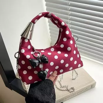 Женская модная сумка через плечо с круглыми точками и цепочкой, осень-зима, новая сумка с бантом, женская нейлоновая сумка на молнии, стильный дизайн (20cm<Max Length<30cm)