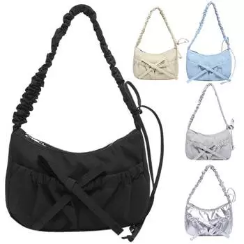 Женская модная сумка на плечо с рюшами на шнурке и бантом Простая сумка через плечо Сплошной цвет Симпатичная сумка на ремне Женская повседневная сумка
