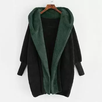 Женская модная свободная флисовая куртка-кардиган с капюшоном и цветными блоками XL зелёный