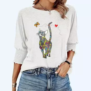 Женская модная свободная футболка больших размеров, весна-лето, с круглым вырезом и принтом кота S белый