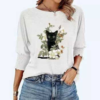 Женская модная свободная футболка больших размеров, весна-лето, с круглым вырезом и принтом кота S белый