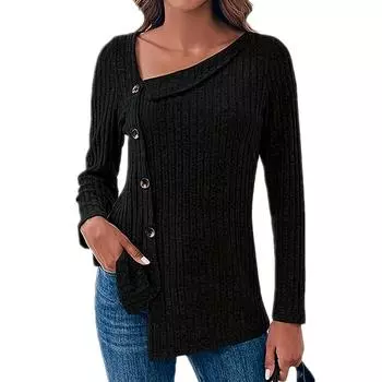Женская модная свободная футболка с длинным рукавом и воротником на пуговицах, женская нерегулярная базовая рубашка, топ L чёрный