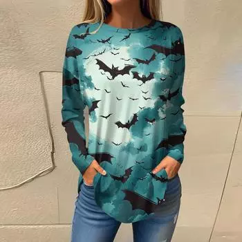 Женская модная свободная футболка с круглым вырезом и принтом на Хэллоуин, с длинным рукавом, топ-пуловер XL циан