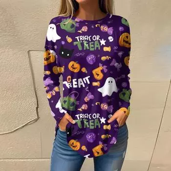 Женская модная свободная футболка с круглым вырезом и принтом на Хэллоуин, с длинным рукавом, топ-пуловер L