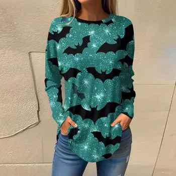 Женская модная свободная футболка с круглым вырезом и принтом на Хэллоуин, с длинным рукавом, топ-пуловер S зелёный