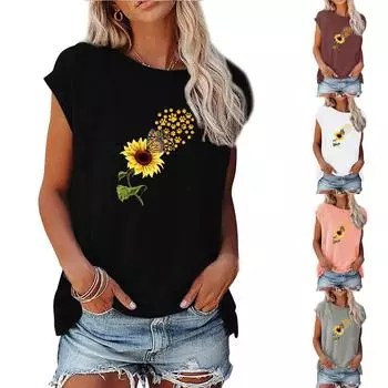 Женская модная свободная футболка с круглым вырезом и открытыми плечами с принтом подсолнечника и короткими рукавами L чёрный