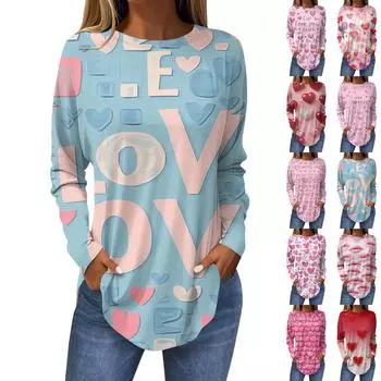 Женская модная свободная футболка с круглым вырезом и длинным рукавом с принтом L синий