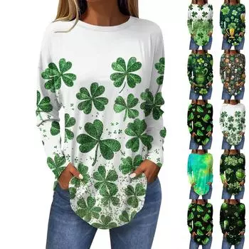 Женская модная свободная футболка с круглым вырезом и длинным рукавом с принтом L армия зеленый