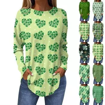 Женская модная свободная футболка с круглым вырезом и длинным рукавом с принтом L армия зеленый