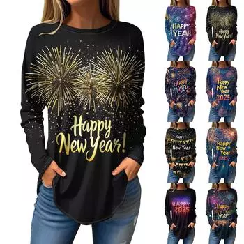 Женская модная свободная футболка с круглым вырезом и рождественским принтом, длинный рукав XXL золотой