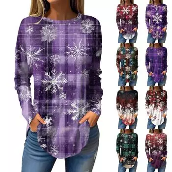 Женская модная свободная футболка с круглым вырезом и рождественским принтом, длинный рукав S