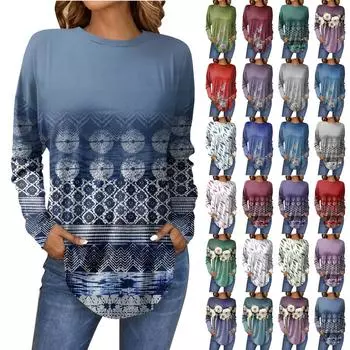 Женская модная свободная футболка с круглым вырезом и длинным рукавом с принтом, топ-пуловер XXL тёмно-синий