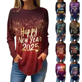 Женская модная свободная футболка с круглым вырезом и рождественским принтом, длинный рукав S