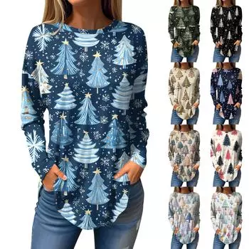 Женская модная свободная футболка с круглым вырезом и рождественским принтом, длинный рукав S