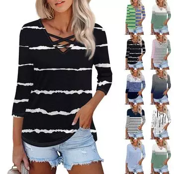 Женская модная свободная футболка с перекрестным V-образным вырезом и семью рукавами, повседневный топ в полоску с принтом L чёрный