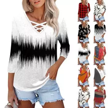Женская модная свободная футболка с перекрестным V-образным вырезом и семью рукавами, повседневный топ с принтом L