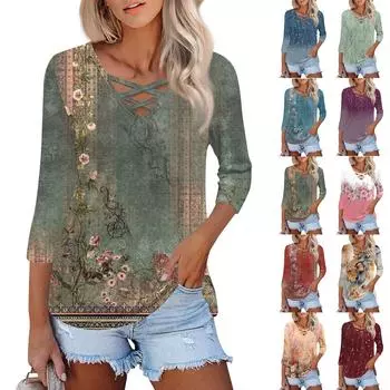 Женская модная свободная футболка с перекрестным V-образным вырезом и семью рукавами, повседневный топ с винтажным цветочным принтом L синий