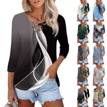 Женская модная свободная футболка с перекрестным V-образным вырезом и семью рукавами, повседневный топ с принтом L