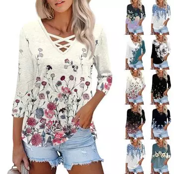 Женская модная свободная футболка с перекрестным V-образным вырезом и семью рукавами, повседневный топ с винтажным цветочным принтом L чёрный