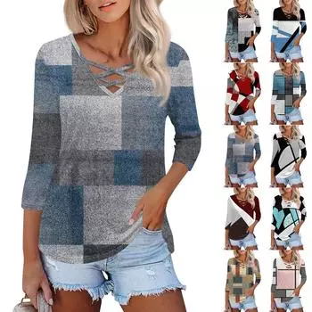 Женская модная свободная футболка с перекрестным V-образным вырезом и семью рукавами, повседневный топ с принтом L синий