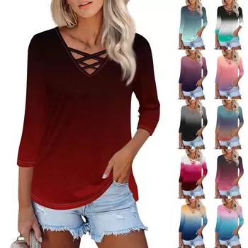 Женская модная свободная футболка с перекрестным V-образным вырезом и семью рукавами, повседневный топ с градиентом L