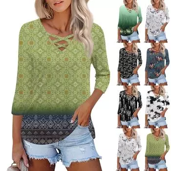 Женская модная свободная футболка с перекрестным V-образным вырезом и семью рукавами, повседневный топ с винтажным цветочным принтом L чёрный