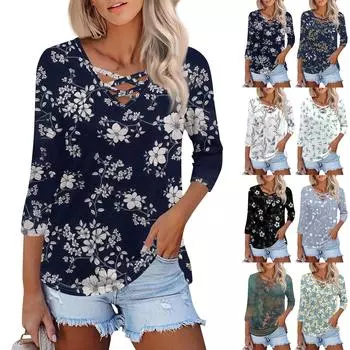 Женская модная свободная футболка с перекрестным V-образным вырезом и семью рукавами, повседневный топ с винтажным цветочным принтом L армия зеленый