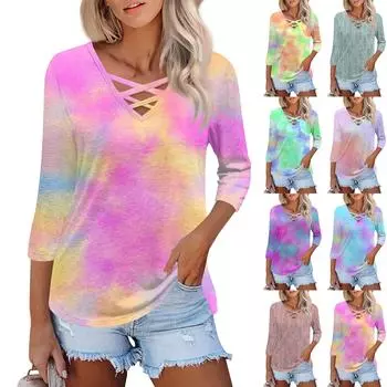 Женская модная свободная футболка с перекрестным V-образным вырезом и семью рукавами, повседневный топ с винтажным цветочным принтом M