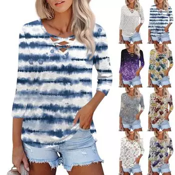 Женская модная свободная футболка с перекрестным V-образным вырезом и семью рукавами, повседневный топ с винтажным цветочным принтом XXL белый