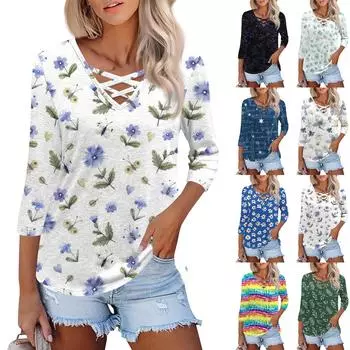 Женская модная свободная футболка с перекрестным V-образным вырезом и семью рукавами, повседневный топ с винтажным цветочным принтом L синий
