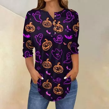 Женская модная свободная футболка с пуговицами на воротнике, с принтом на Хэллоуин, с длинным рукавом, топ, пуловер L