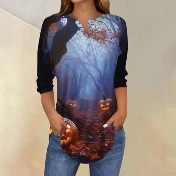 Женская модная свободная футболка с пуговицами на воротнике, с принтом на Хэллоуин, с длинным рукавом, топ, пуловер L циан