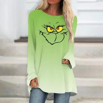 Женская модная свободная футболка с рождественским принтом и круглым вырезом, длинными рукавами XXXL зелёный