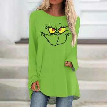 Женская модная свободная футболка с рождественским принтом и круглым вырезом, длинными рукавами XXXL зелёный