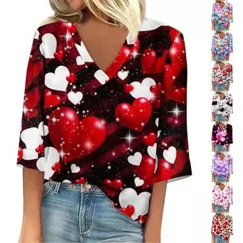 Женская модная свободная футболка с семью рукавами и V-образным вырезом, повседневный топ с принтом ко Дню святого Валентина XXL