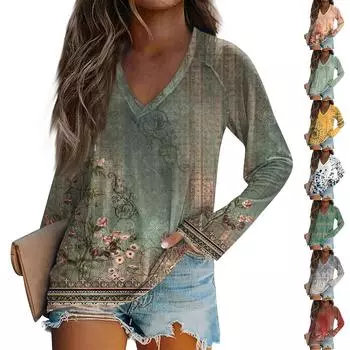 Женская модная свободная футболка с V-образным вырезом и длинным рукавом с винтажным цветочным принтом, повседневный топ L темно-зеленого