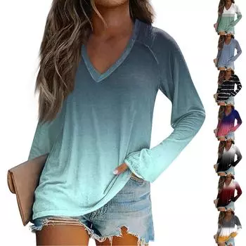 Женская модная свободная футболка с V-образным вырезом и длинным рукавом с градиентным принтом, повседневный топ L чёрный