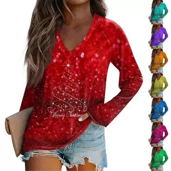 Женская модная свободная футболка с V-образным вырезом и длинным рукавом с рождественским принтом, повседневный топ XXL оранжевый