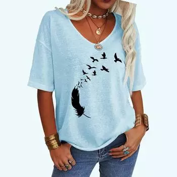 Женская модная свободная футболка с V-образным вырезом, летний топ с принтом перьев, короткий рукав, футболка S белый