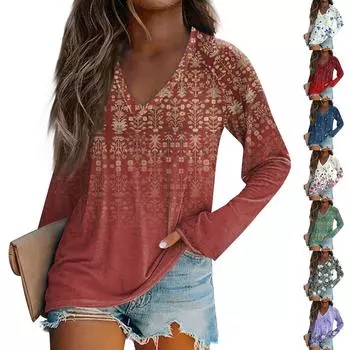 Женская модная свободная футболка с V-образным вырезом и длинным рукавом с винтажным цветочным принтом, повседневный топ L бежевый