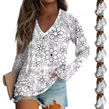 Женская модная свободная футболка с V-образным вырезом и длинным рукавом с винтажным цветочным принтом, повседневный топ L чёрный