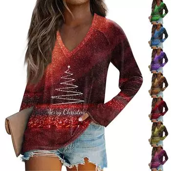 Женская модная свободная футболка с V-образным вырезом и длинным рукавом с рождественским принтом, повседневный топ XXXL синий