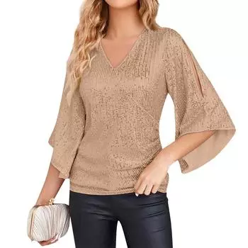 Женская модная свободная футболка средней длины с пайетками, женский пуловер с короткими рукавами L бежевый