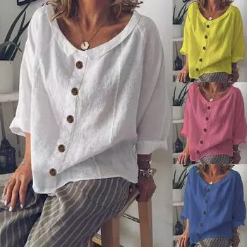 Женская модная свободная хлопковая льняная пуговица, однотонная повседневная рубашка, блузка, топы M розовый