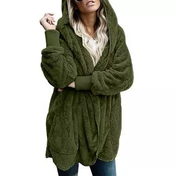 Женская модная свободная куртка с капюшоном, плюшевый кардиган с длинными рукавами, однотонное пальто S армия зеленый
