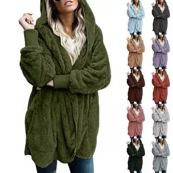 Женская модная свободная куртка с капюшоном, плюшевый кардиган с длинными рукавами, однотонное пальто S армия зеленый