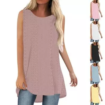 Женская модная свободная однотонная футболка без рукавов с круглым вырезом и нерегулярным подолом L бежевый