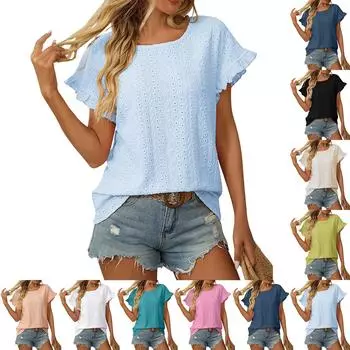 Женская модная свободная однотонная футболка с круглым вырезом и короткими рукавами, ажурный топ L бежевый