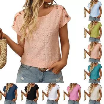 Женская модная свободная однотонная футболка с круглым вырезом и короткими рукавами на пуговицах L бежевый