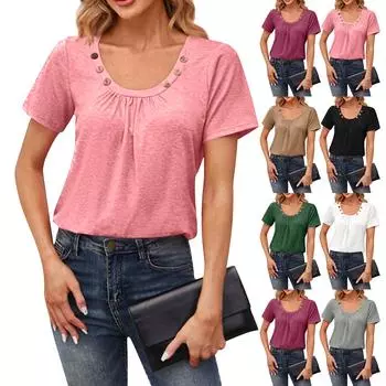 Женская модная свободная однотонная футболка с квадратным вырезом и пуговицами, плиссированная футболка с коротким рукавом L чёрный